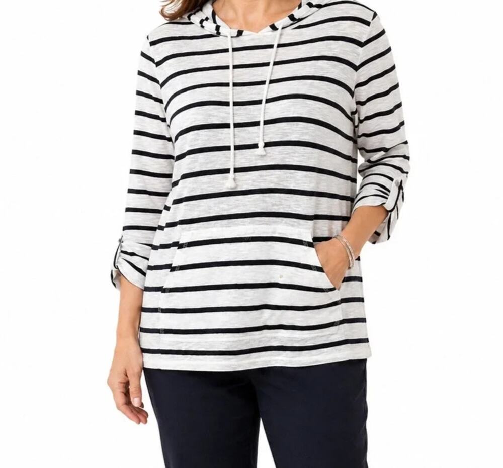 J Jill Nautical Hooded Lightweight Top Womens size XLT Striped Roll Tab Sleeves